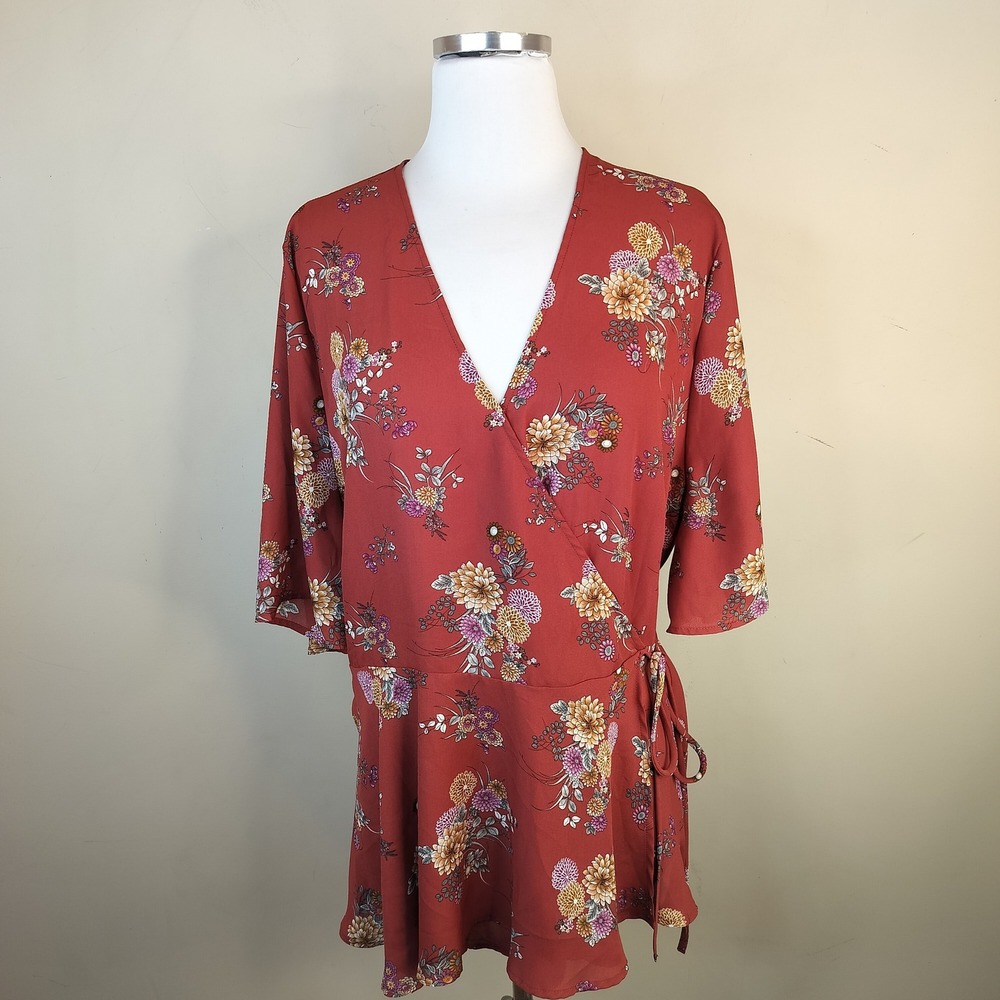 VIXBE Floral Wrap Top 2X Plus Womens Flutter‎ Sleeve Boho Blouse
